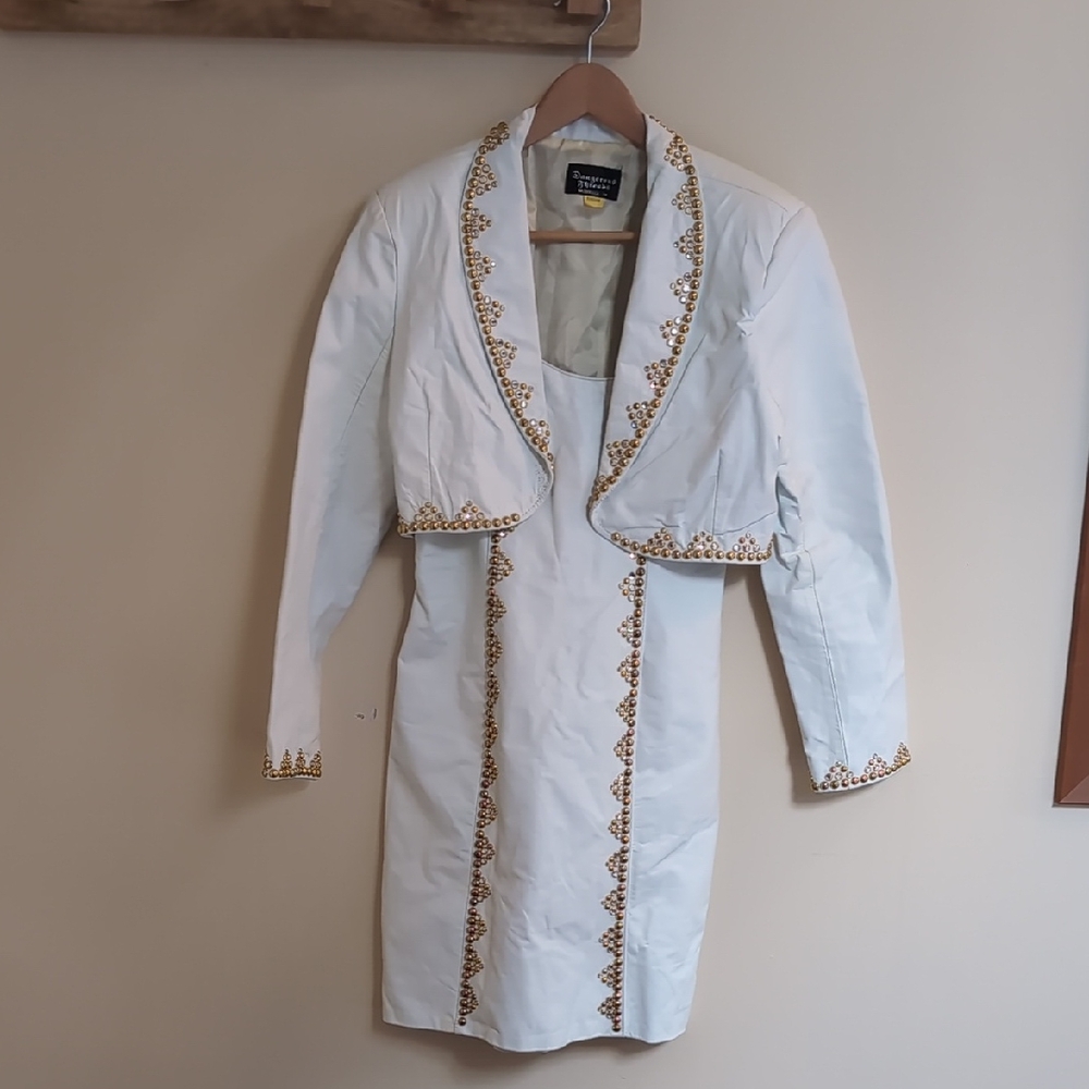 Elegant Leather White and Gold Dress Blazer Set